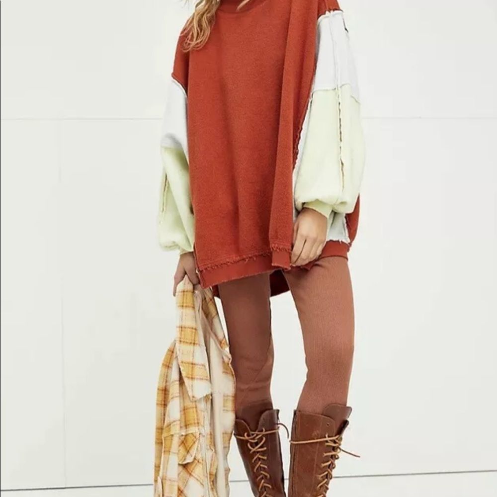 Free People Sweatshirt Rowan Pullover Oversized Fleece Rust Yellow Gray